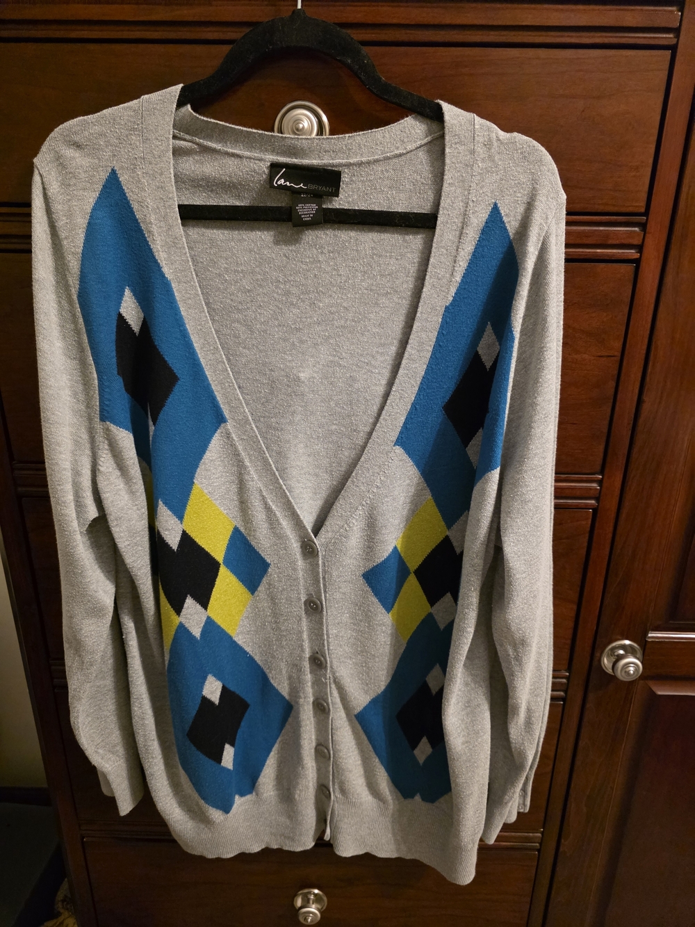 Lane Bryant Gray Cardigan with Blue and Yellow Argyle